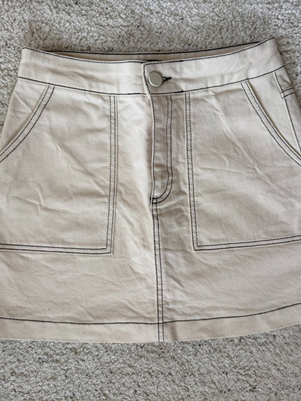 ZARA Beige High Waisted A-line Mini Denim Skirt With Contrasting Topstitching